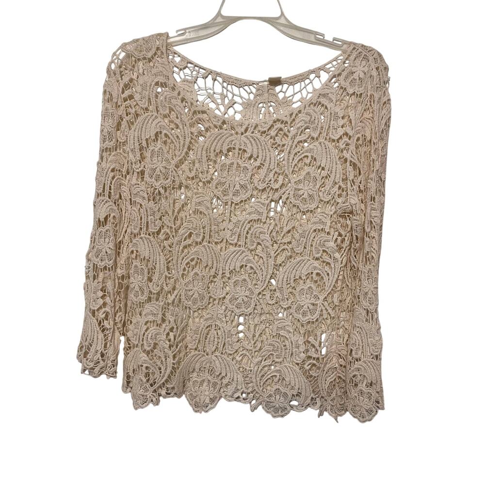 Adiva Lace Top Womens Small Beige Crochet Sheer Floral Boho Festival Cottagecore